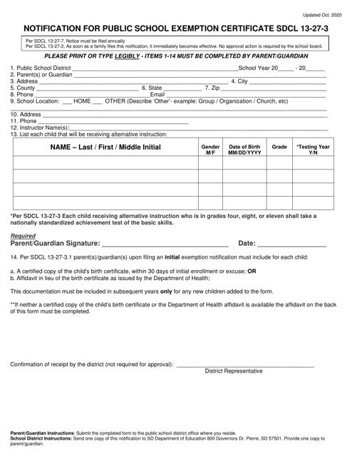Notification for Public School Exemption Certificate Sdcl 13-27-3 - South Dakota Download Pdf