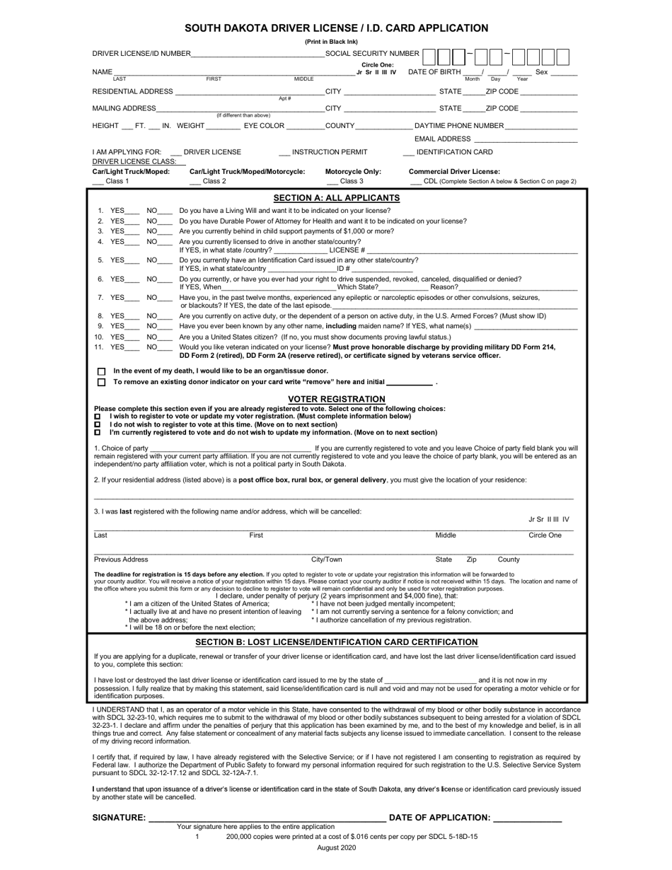South Dakota Driver License / I.d. Card Application - South Dakota, Page 1