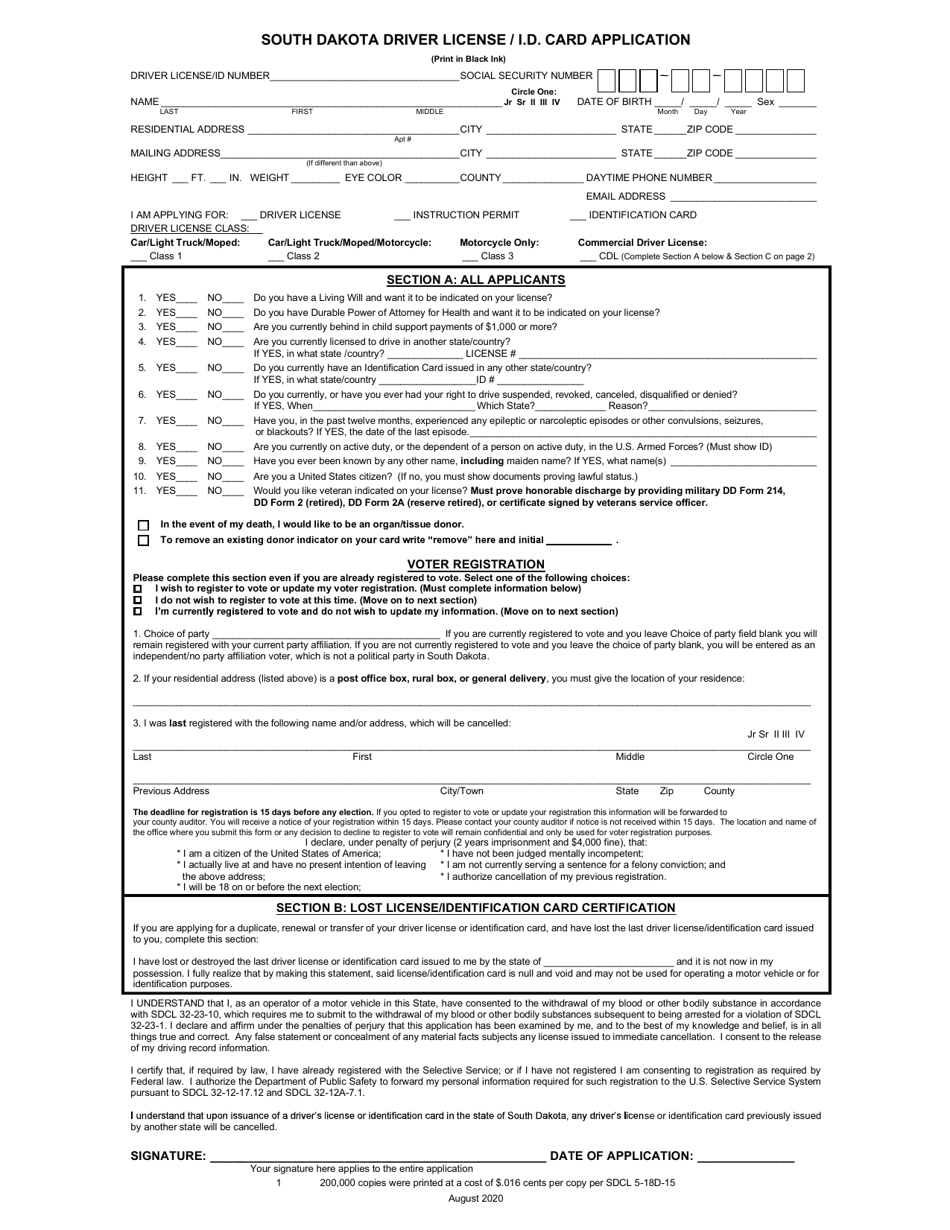 South Dakota South Dakota Driver License / I.d. Card Application ...