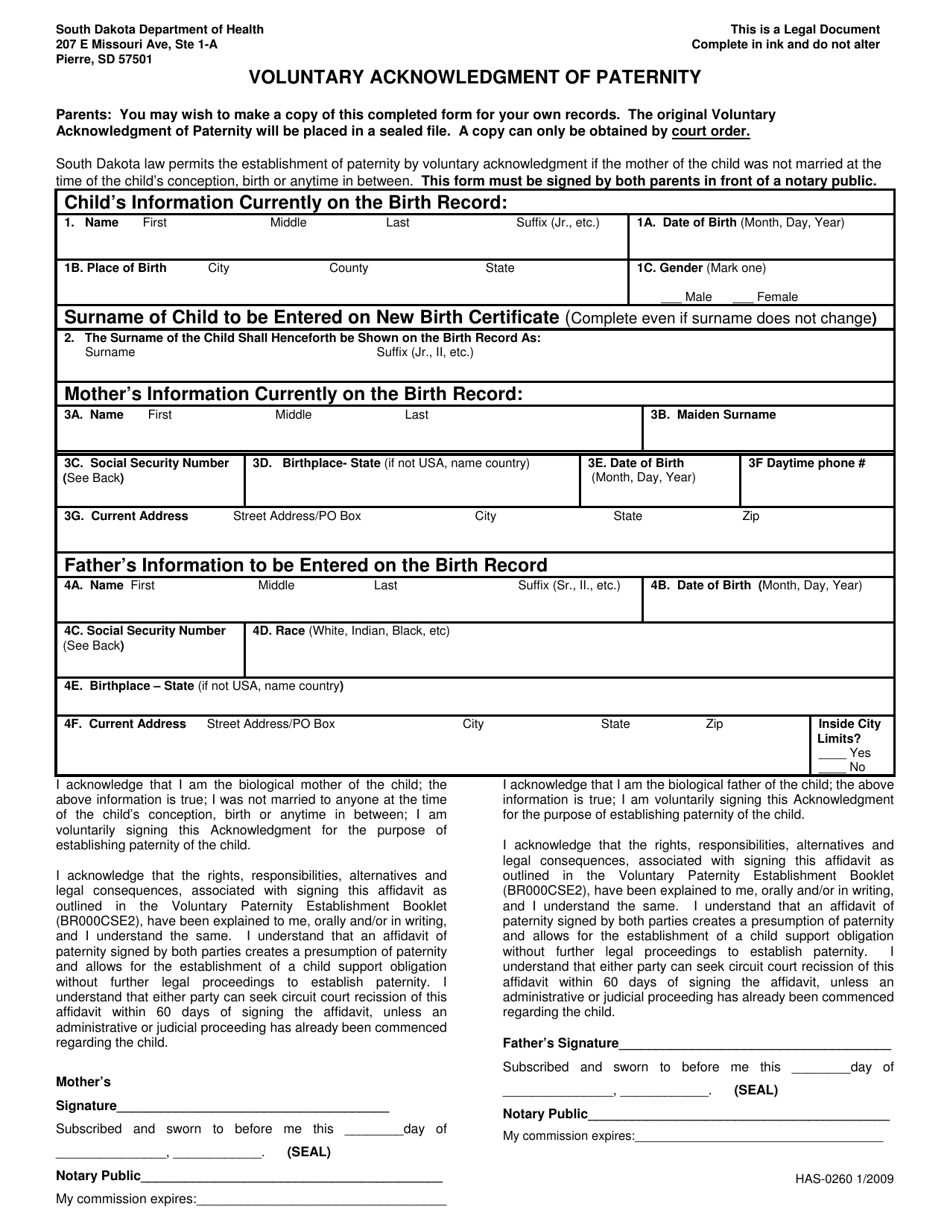 Form HAS-0260 Voluntary Acknowledgment of Paternity - South Dakota, Page 6
