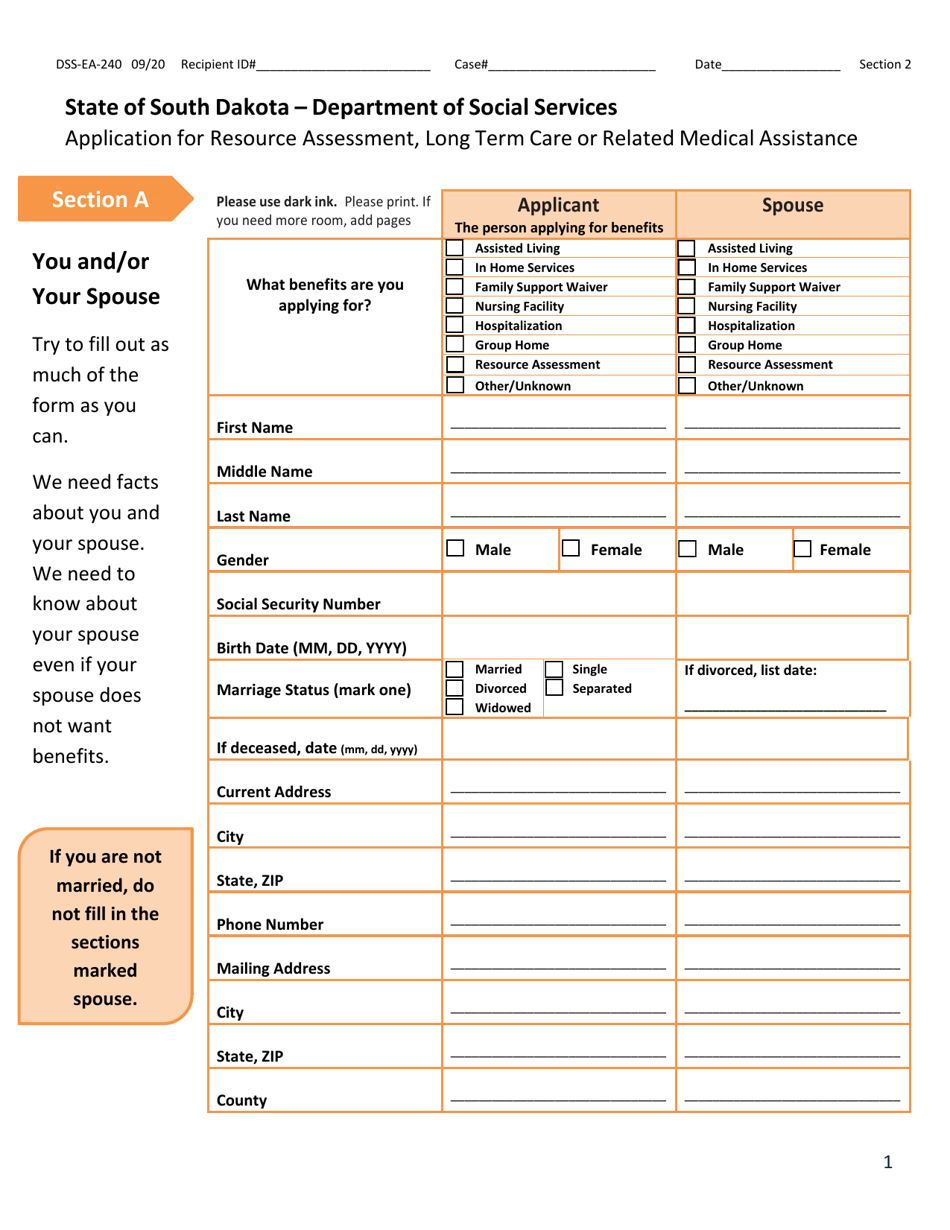 Form DSS-EA-240 Application for Resource Assessment, Long Term Care or Related Medical Assistance - South Dakota, Page 1