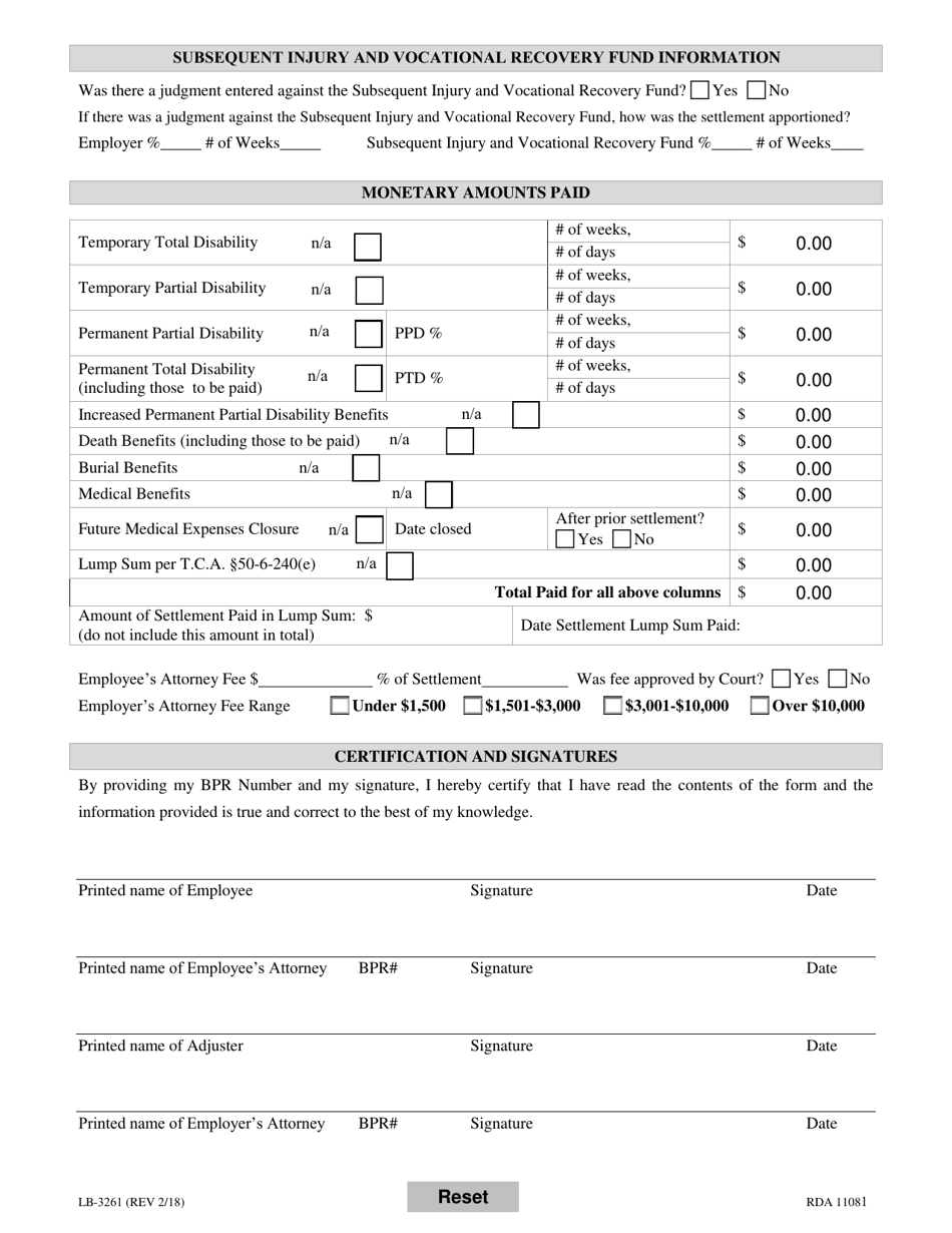 Form SD-2 (LB-3261) Statistical Data Form for Injuries on / After July 1, 2014 - Tennessee, Page 2