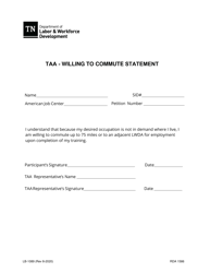 Document preview: Form LB-1089 Taa - Willing to Commute Statement - Tennessee