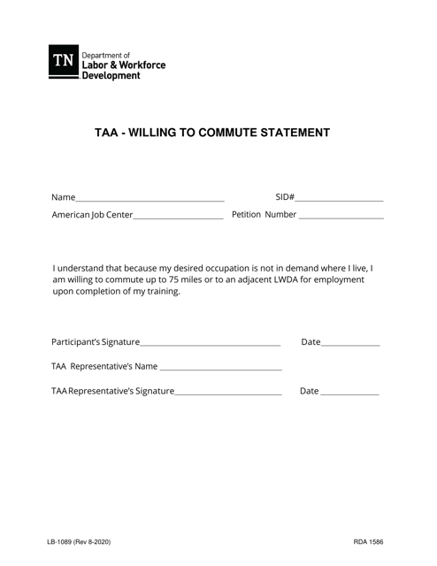 Form LB-1089 Taa - Willing to Commute Statement - Tennessee