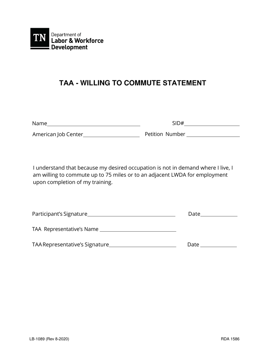 Form LB-1089 Taa - Willing to Commute Statement - Tennessee, Page 1
