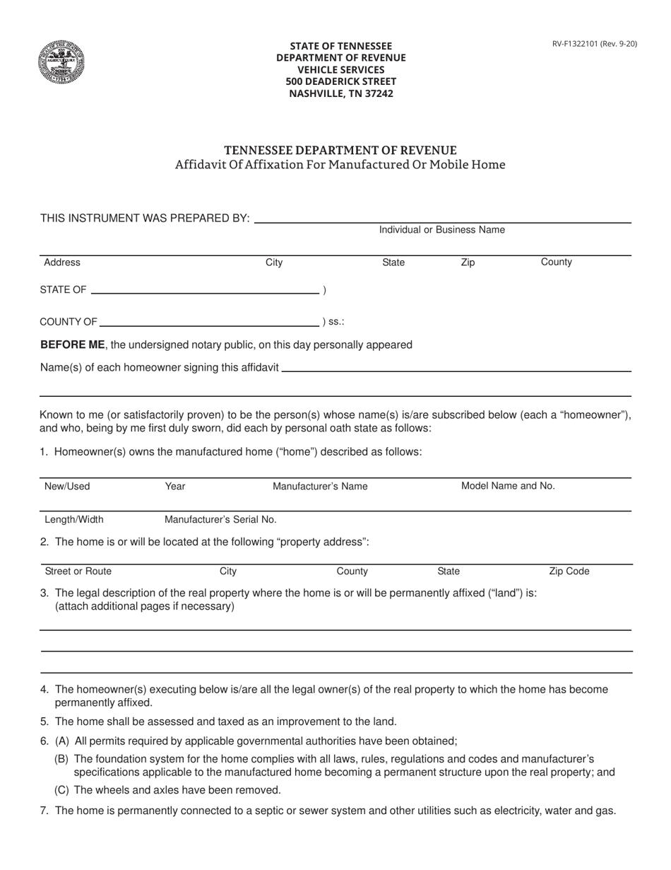 Form RV-F1322101 Affidavit of Affixation for Manufactured or Mobile Home - Tennessee, Page 1