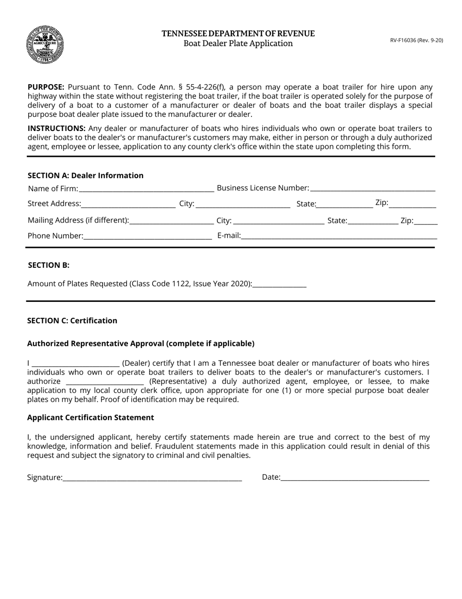 Form RV-F16036 Boat Dealer Plate Application - Tennessee, Page 1