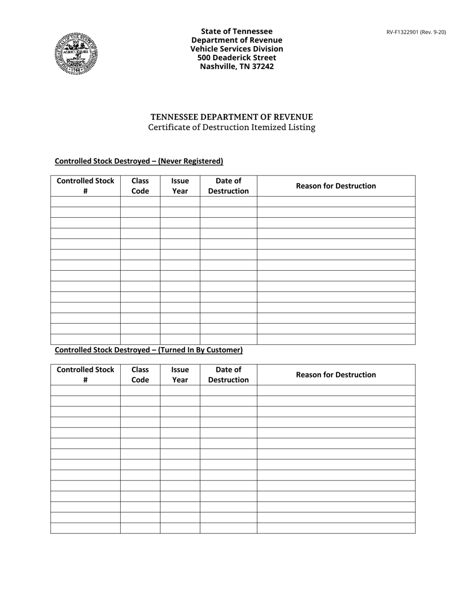 Form RV-F1322901 Certificate of Destruction Itemized Listing - Tennessee, Page 1