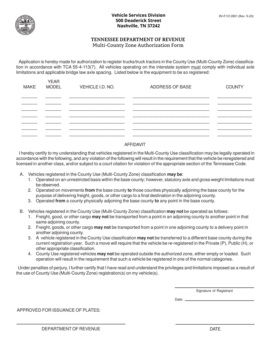 Form RV-F1312801 Multi-County Zone Authorization Form - Tennessee, Page 1
