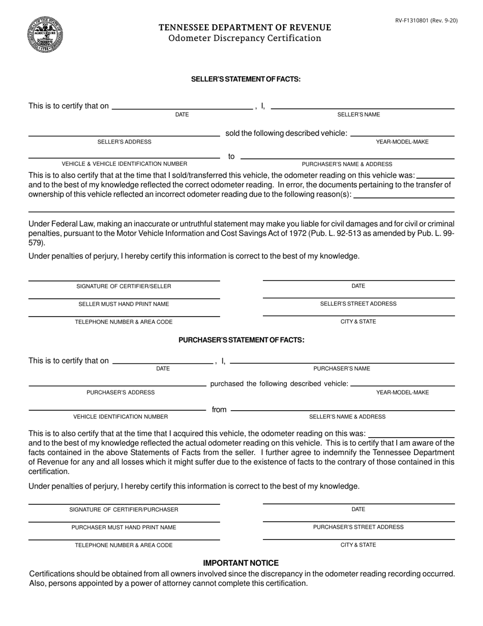Form RV-F1310801 Odometer Discrepancy Certification - Tennessee, Page 1
