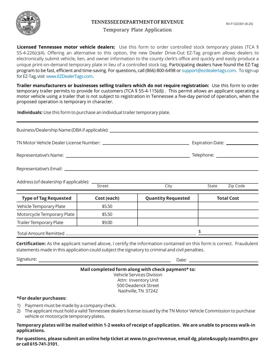 Form RVF1320301 Download Fillable PDF or Fill Online Temporary Plate