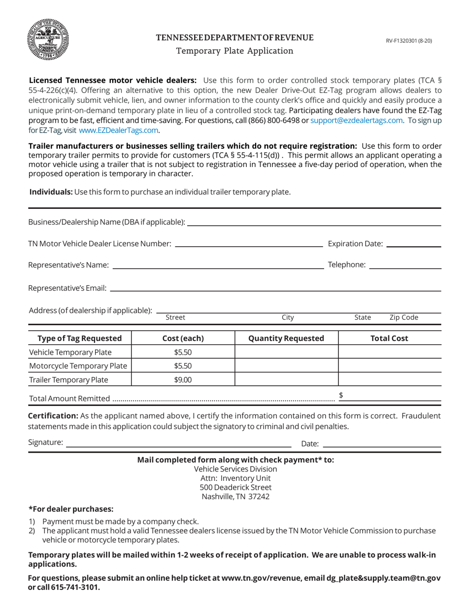Form RV-F1320301 Temporary Plate Application (Dealer Drive-Out Tags) - Tennessee, Page 1