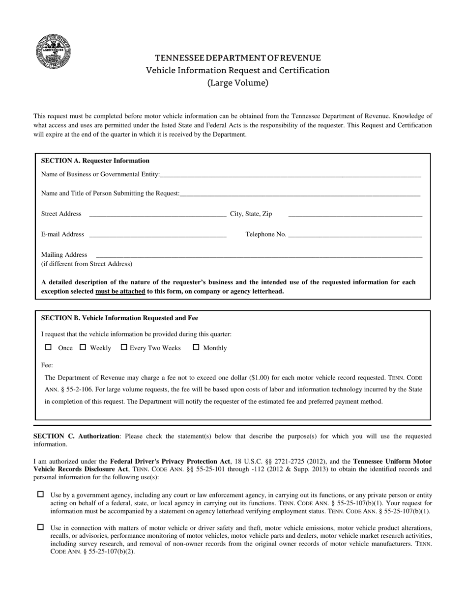 Vehicle Information Request and Certification (Large Volume) - Tennessee, Page 1