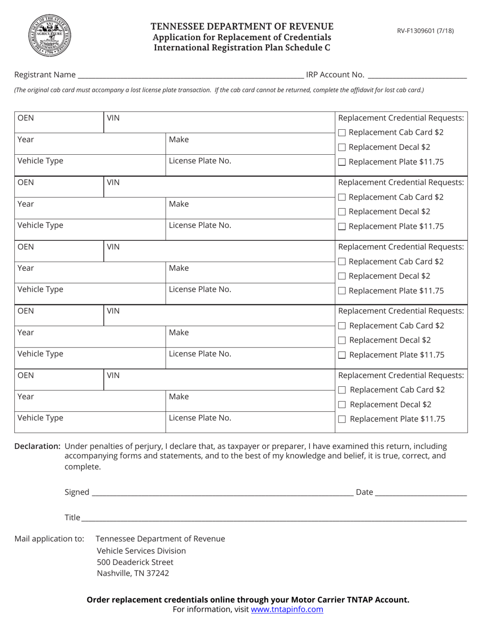 Form RV-F1309601 Schedule C Application for Replacement of Credentials International Registration Plan - Tennessee, Page 1