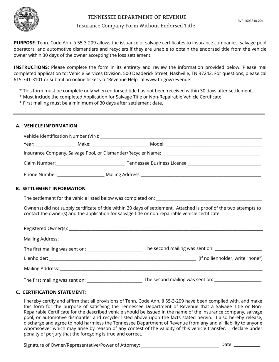 Form RVF-16038 Insurance Company Form Without Endorsed Title - Tennessee, Page 1