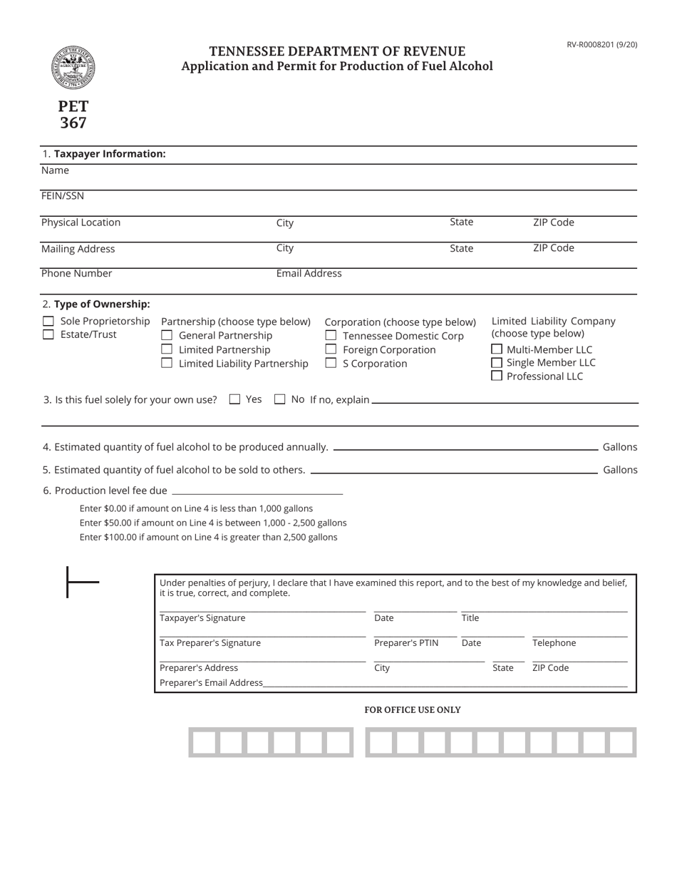 Form PET367 (RV-R0008201) Application and Permit for Production of Fuel Alcohol - Tennessee, Page 1