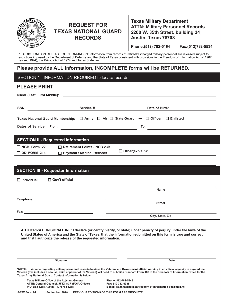 AGTX Form 74 Request for Texas National Guard Records - Texas, Page 1