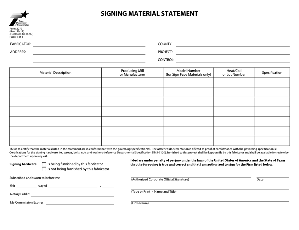 Form 2273 Signing Material Statement - Texas, Page 1
