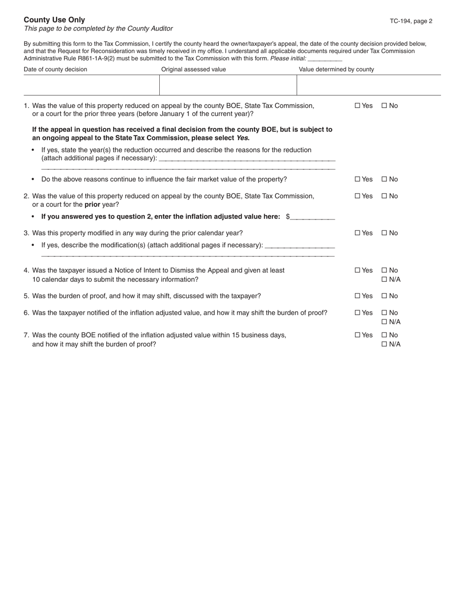 Form TC-194 Request for Redetermination of County Decision - Utah, Page 2