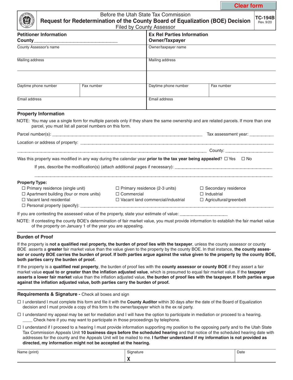 Form TC-194B Request for Redetermination of the County Board of Equalization (Boe) Decision - Utah, Page 1