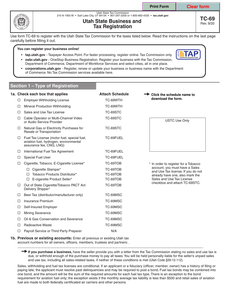 Form TC-69 Utah State Business and Tax Registration - Utah, Page 1