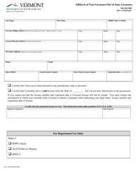 Document preview: Form VN-142 Affidavit of Non-licensure/Out of State Licensure - Vermont