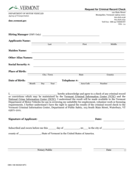 Document preview: Form DMV-108 Request for Criminal Record Check - Vermont
