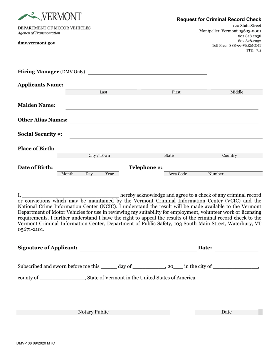 Form DMV-108 - Fill Out, Sign Online and Download Fillable PDF, Vermont ...