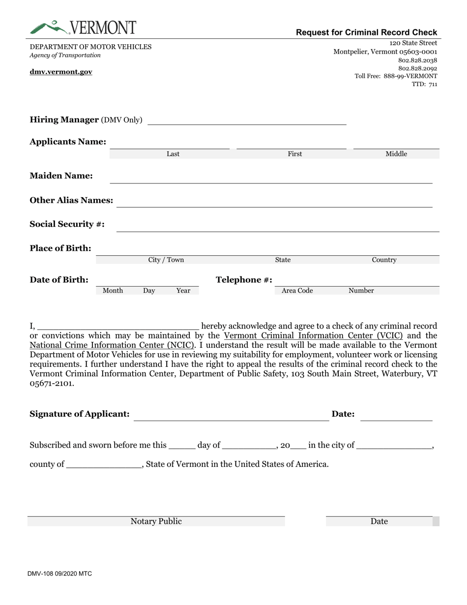 Form DMV-108 Request for Criminal Record Check - Vermont, Page 1