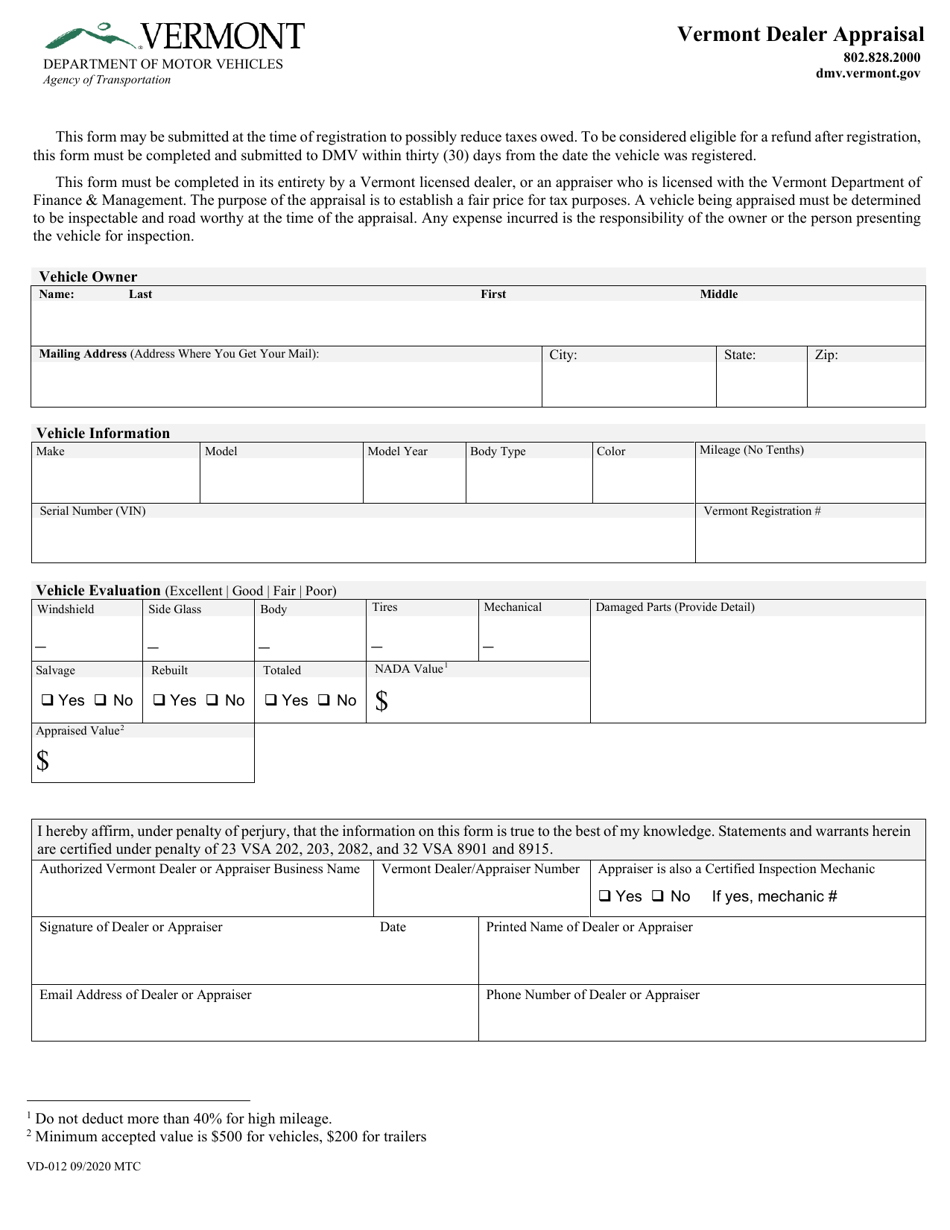 Form VD-012 Download Fillable PDF or Fill Online Vermont Dealer ...