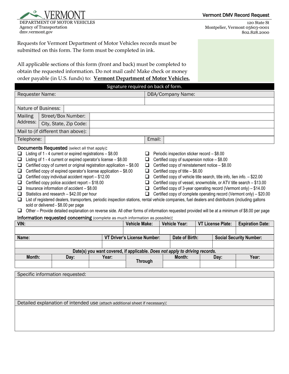 Form VG-116 Vermont DMV Record Request - Vermont, Page 1