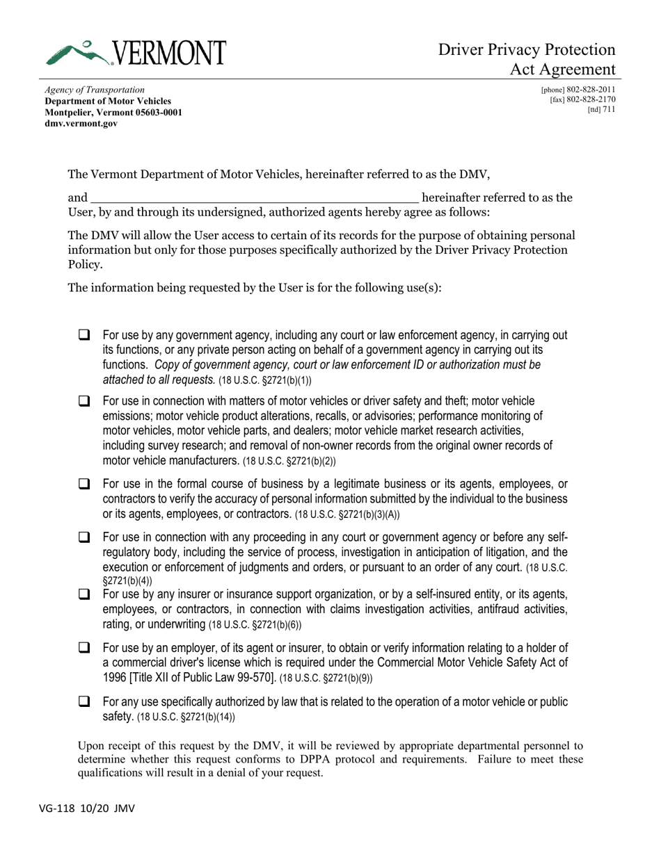 Form VG-118 Driver Privacy Protection Act Agreement - Vermont, Page 1