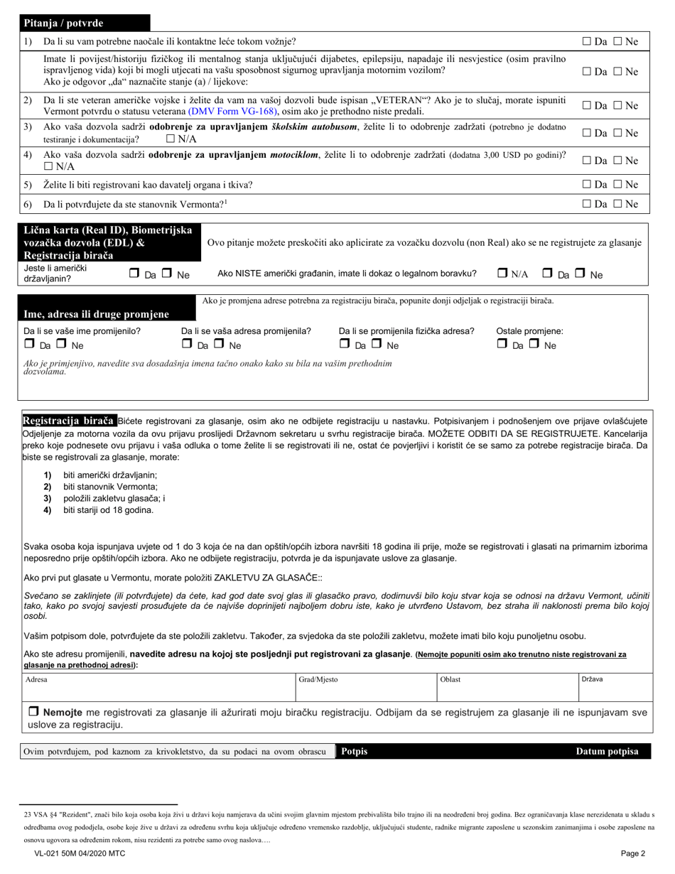 Form VL-021BSC Application for License / Permit - Vermont (Bosnian), Page 2