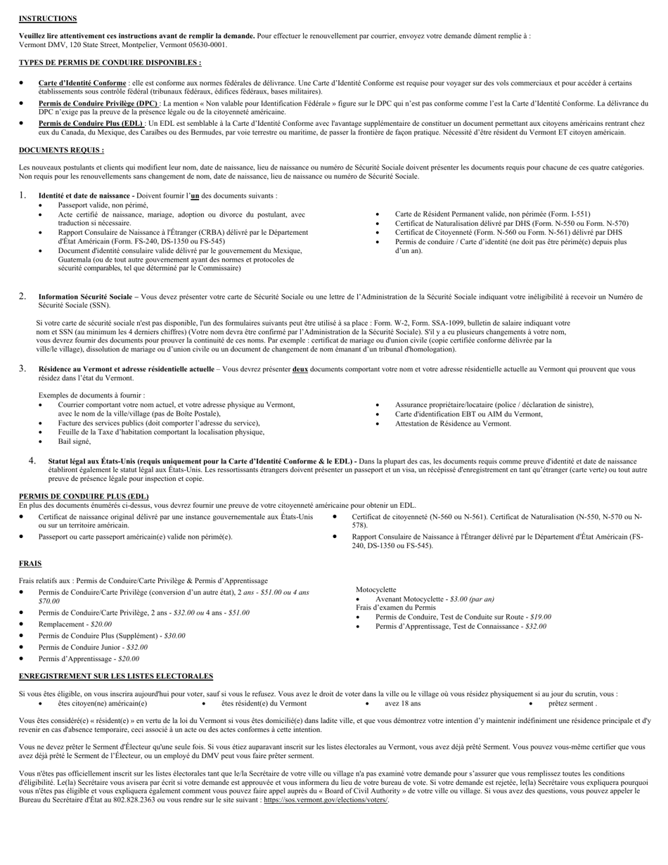 Form VL-021FR Application for License / Permit - Vermont (French), Page 3