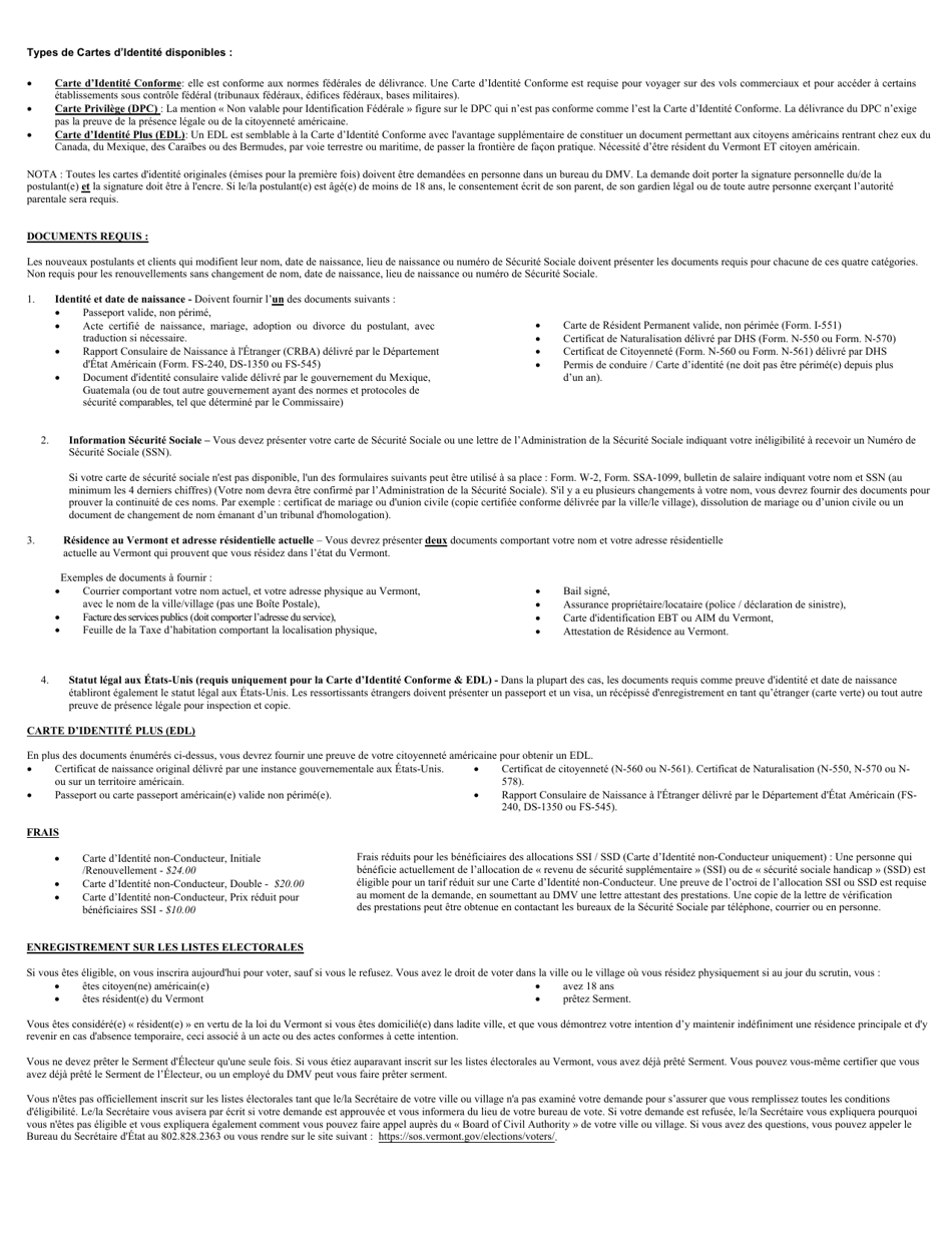 Form VL-017FR Application for Non-driver Id - Vermont (French), Page 3