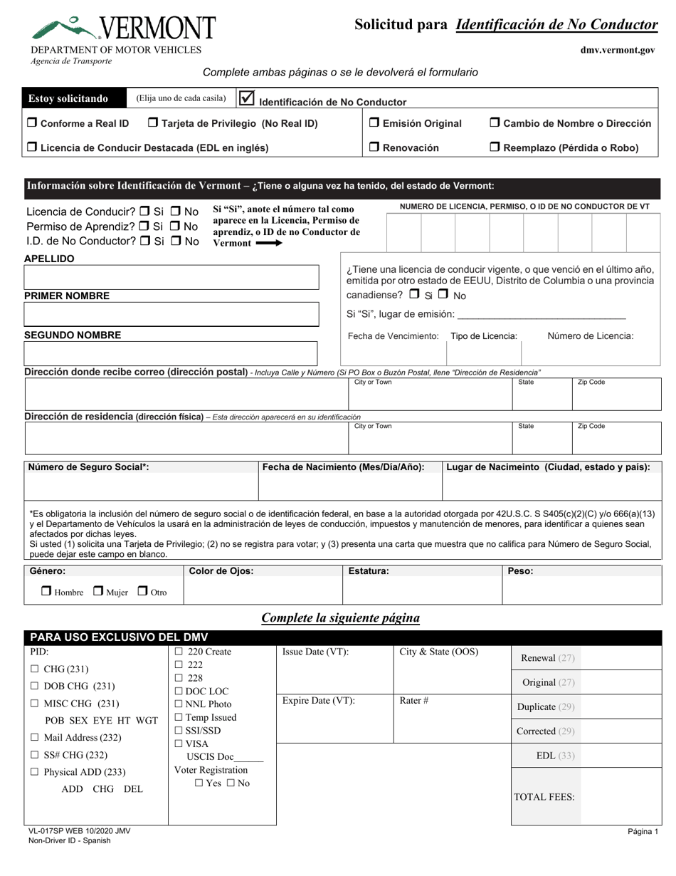 Formulario VL-017SP Solicitud Para Identificacion De No Conductor - Vermont (Spanish), Page 1