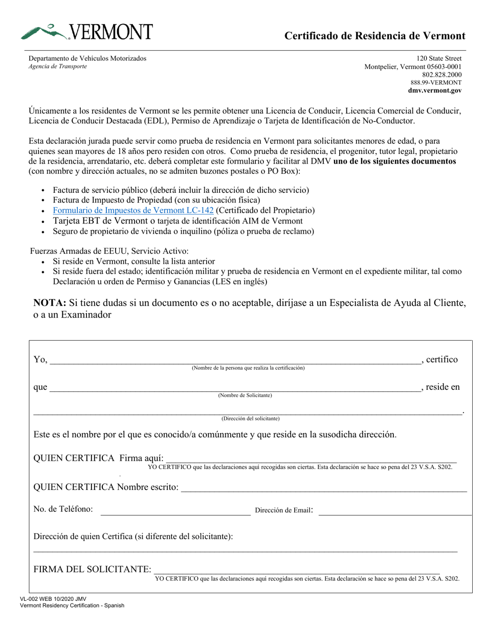 Formulario VL-002 Certificado De Residencia De Vermont - Vermont (Spanish), Page 1