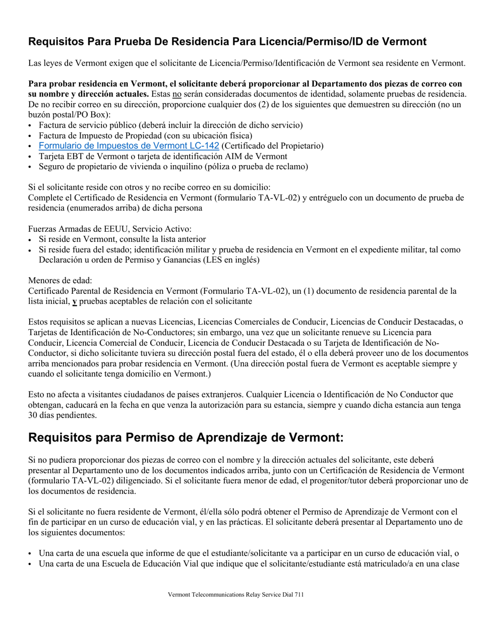 Formulario VL-002 Certificado De Residencia De Vermont - Vermont (Spanish), Page 2