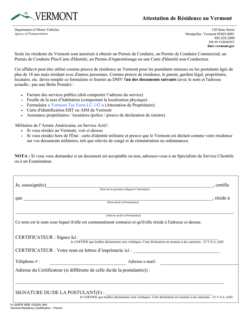 Form VL-002FR Vermont Residency Certification - Vermont (French), Page 1