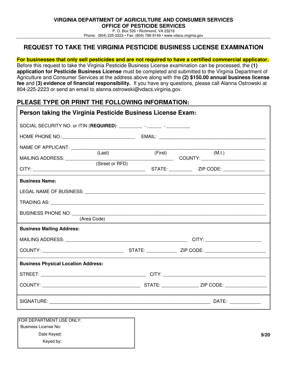 Request to Take the Virginia Pesticide Business License Examination - Virginia, Page 1