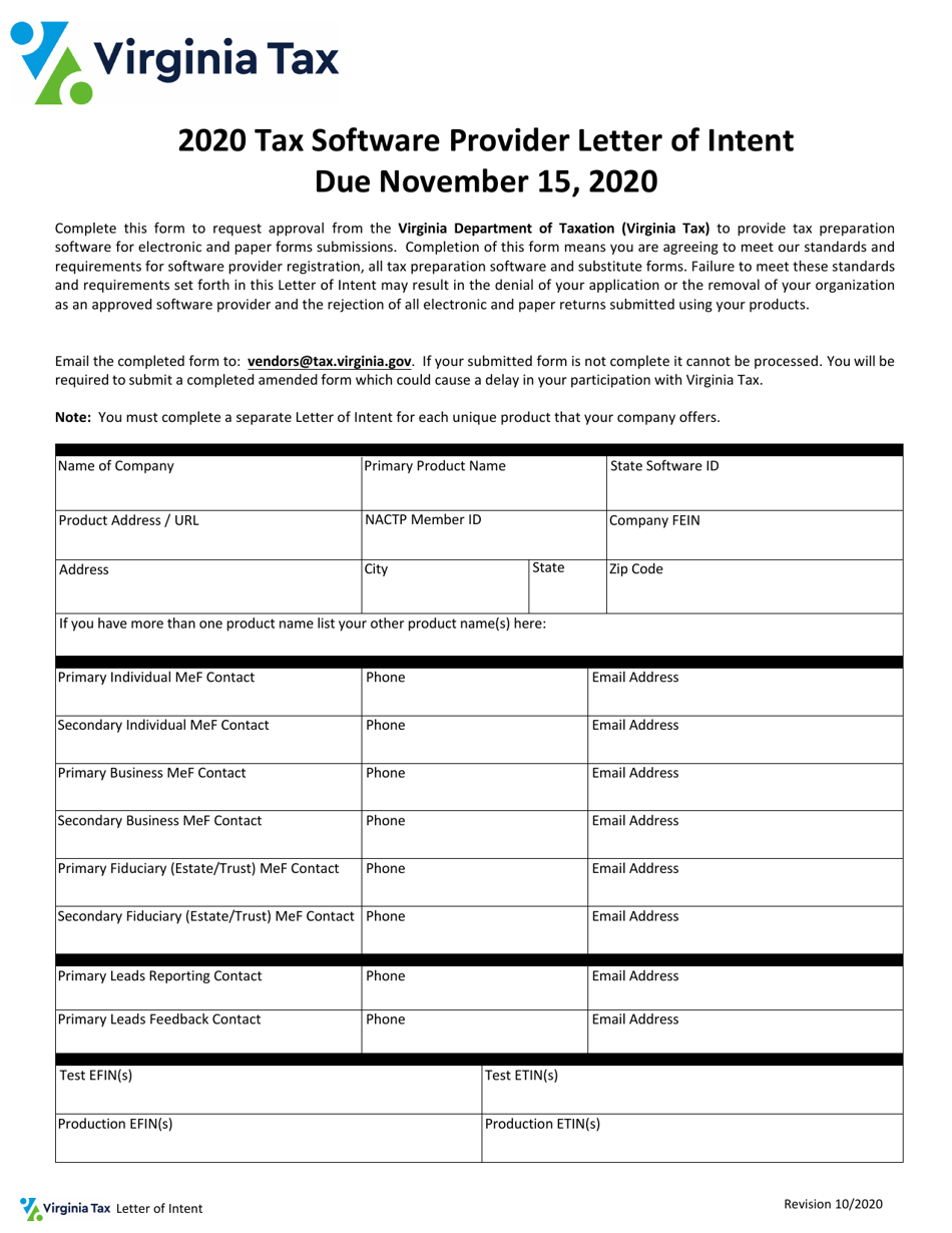 Tax Software Provider Letter of Intent - Virginia, Page 1