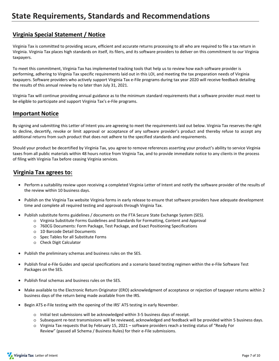 Tax Software Provider Letter of Intent - Virginia, Page 7