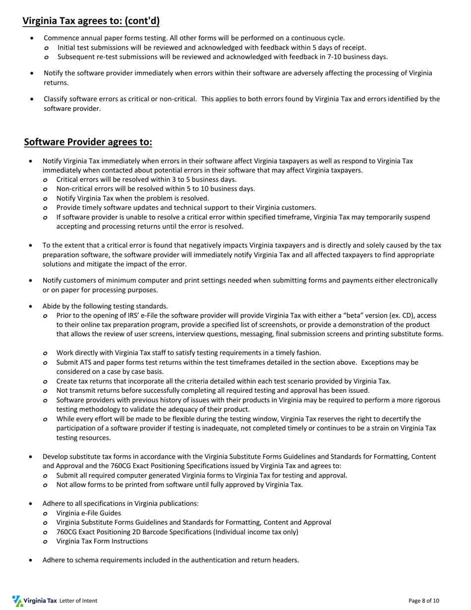 Tax Software Provider Letter of Intent - Virginia, Page 8