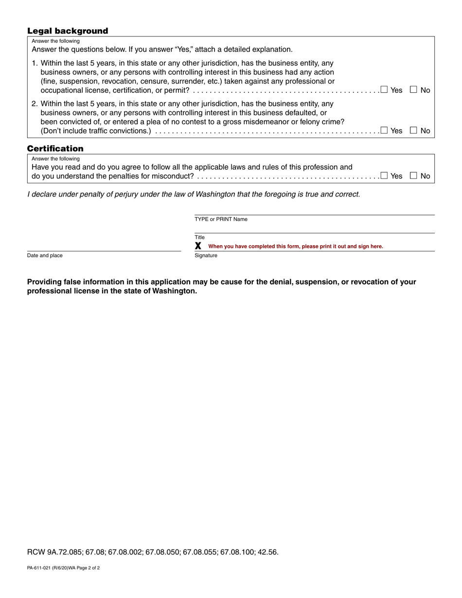 Form PA-611-021 Amateur Mixed Martial Arts Training Facility License Application - Washington, Page 2