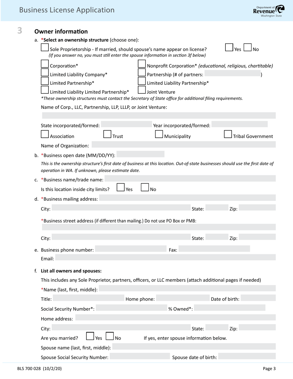 Form BLS700 028 Business License Application - Washington, Page 3