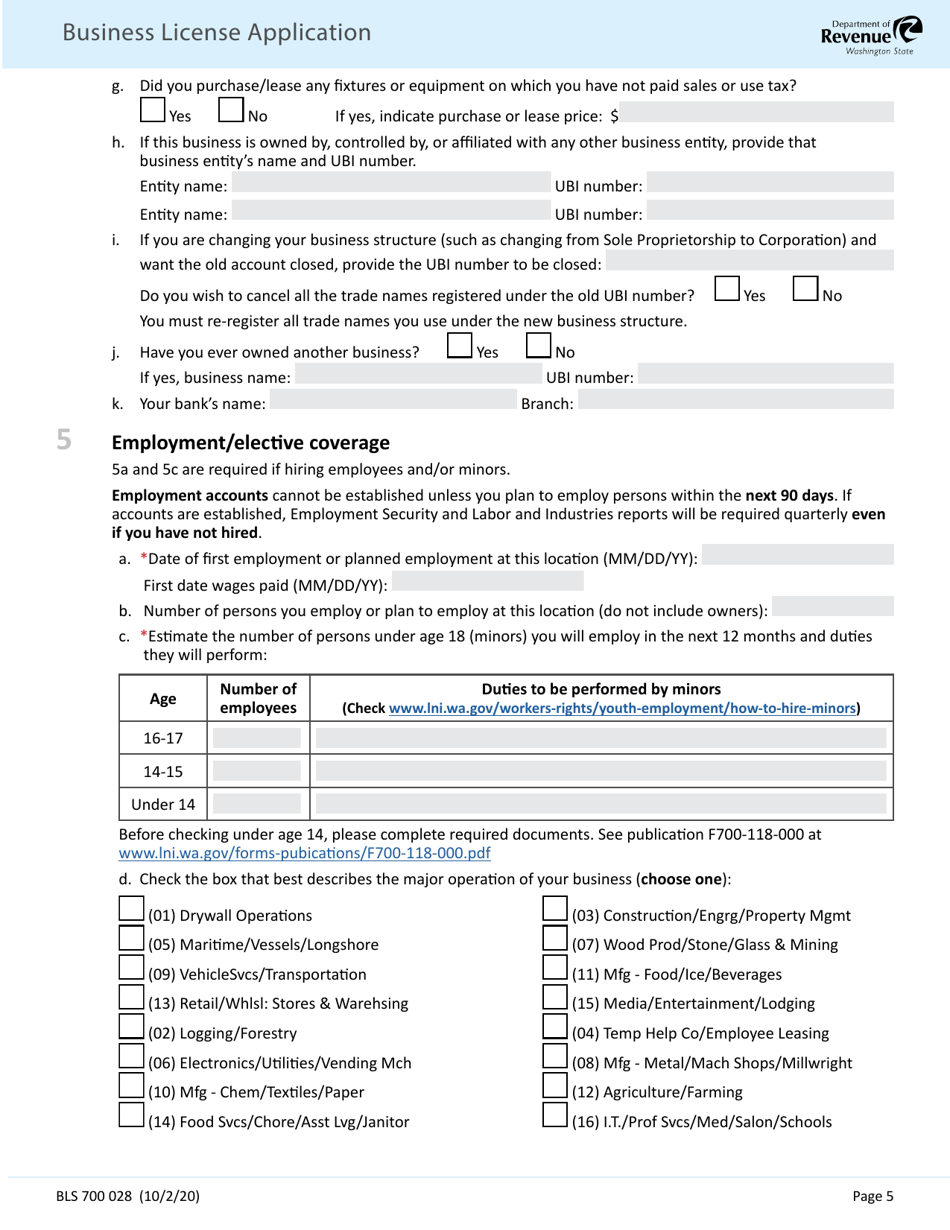 Form BLS700 028 Business License Application - Washington, Page 5