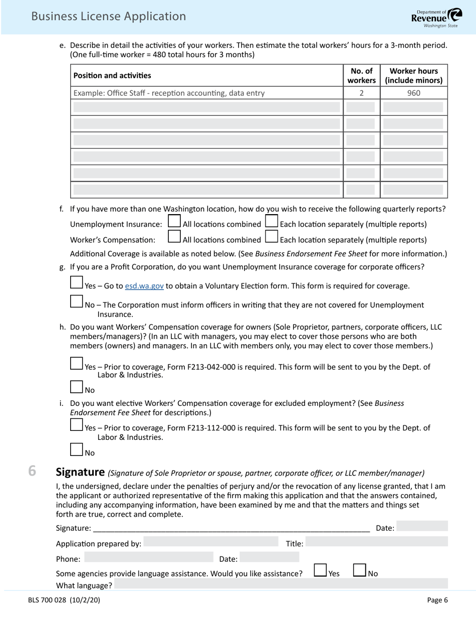Form BLS700 028 Business License Application - Washington, Page 6