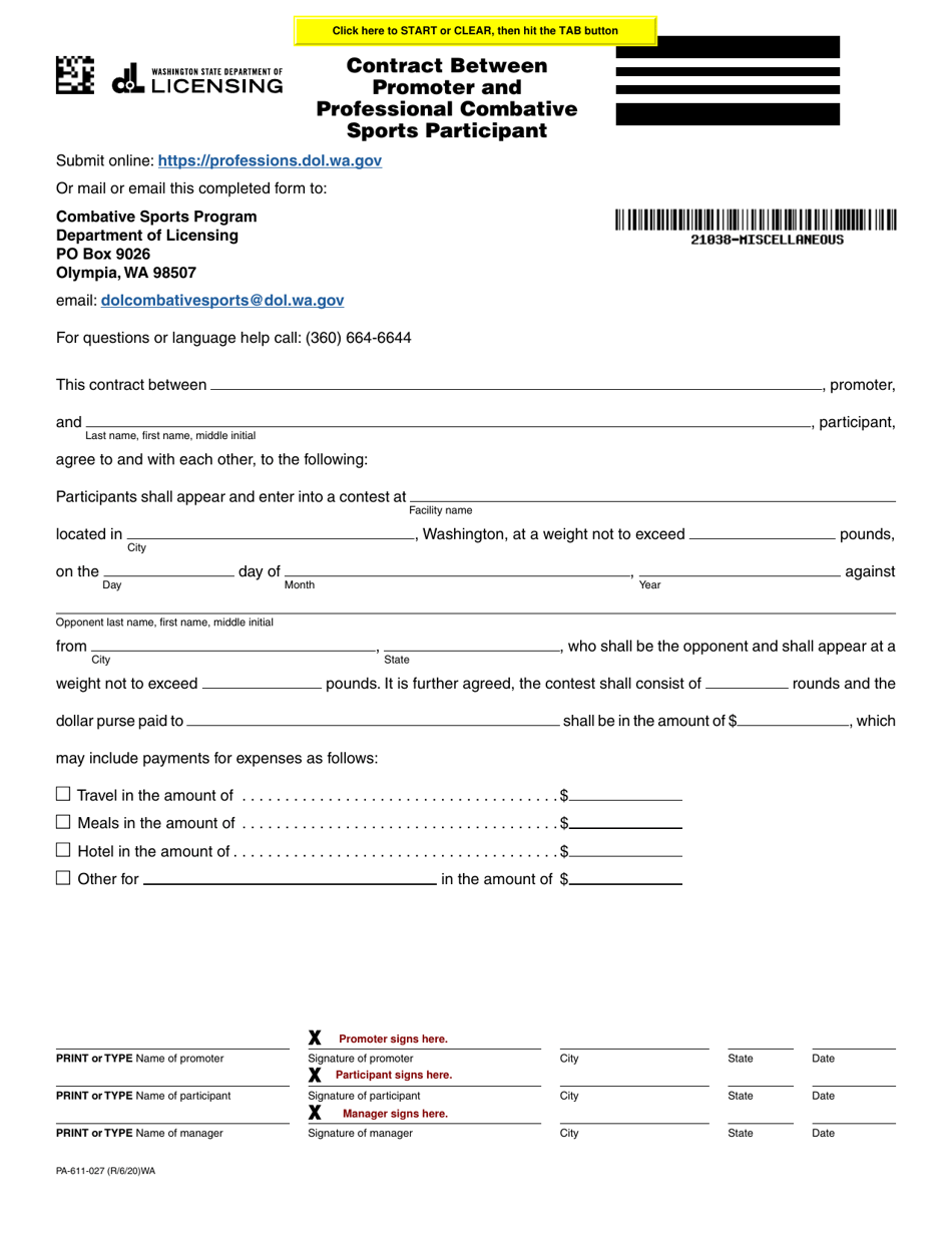 Form PA-611-027 Contract Between Promoter and Professional Combative Sports Participant - Washington, Page 1