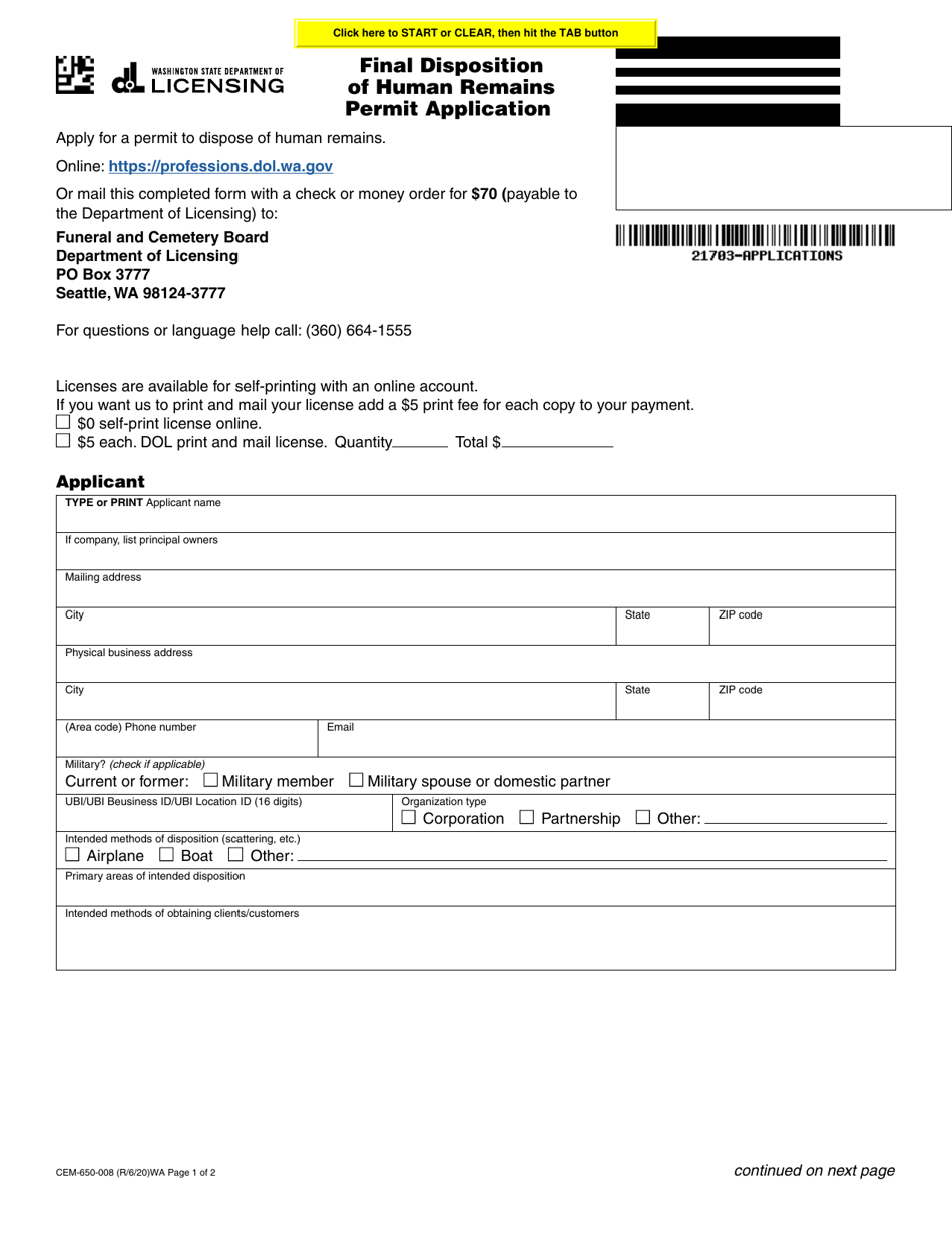 Form CEM-650-008 Final Disposition of Human Remains Permit Application - Washington, Page 1