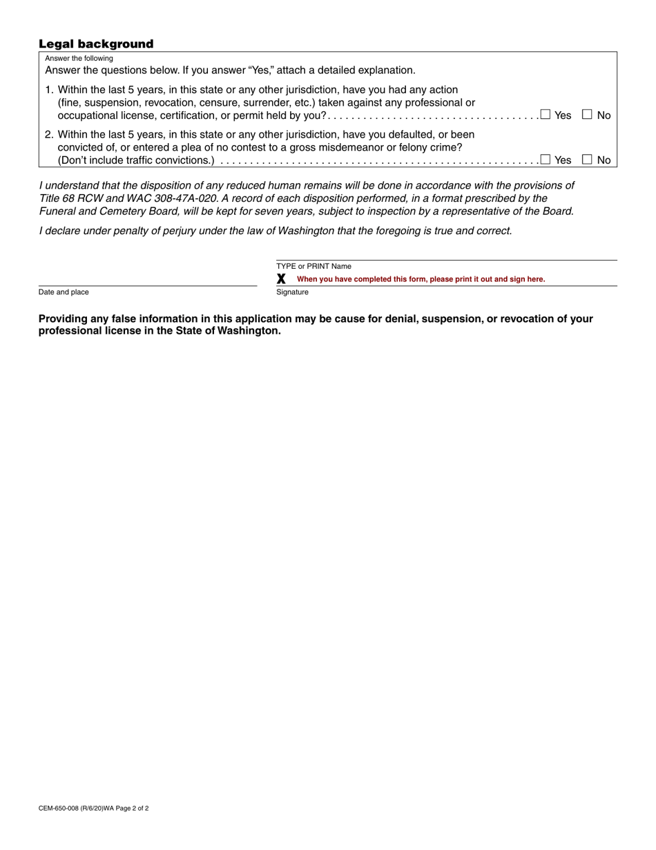 Form CEM-650-008 Final Disposition of Human Remains Permit Application - Washington, Page 2